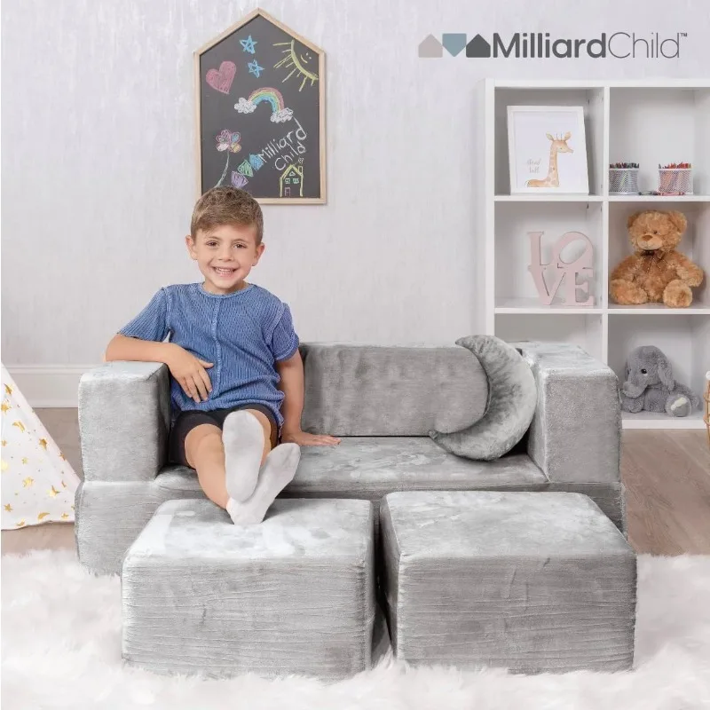 Kids Couch - Modular Kids Sofa for Toddler and Baby Playroom/Bedroom Furniture (Grey) with Bonus Pillow 2
