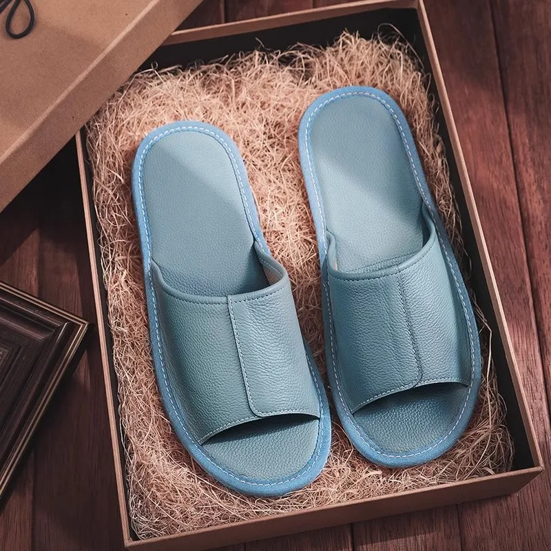 Genuine Leather Women's Summer Indoor Slippers Non-Slip Soft Couple Home Shoes Comfortable Cow Leather Men Casual Slippers