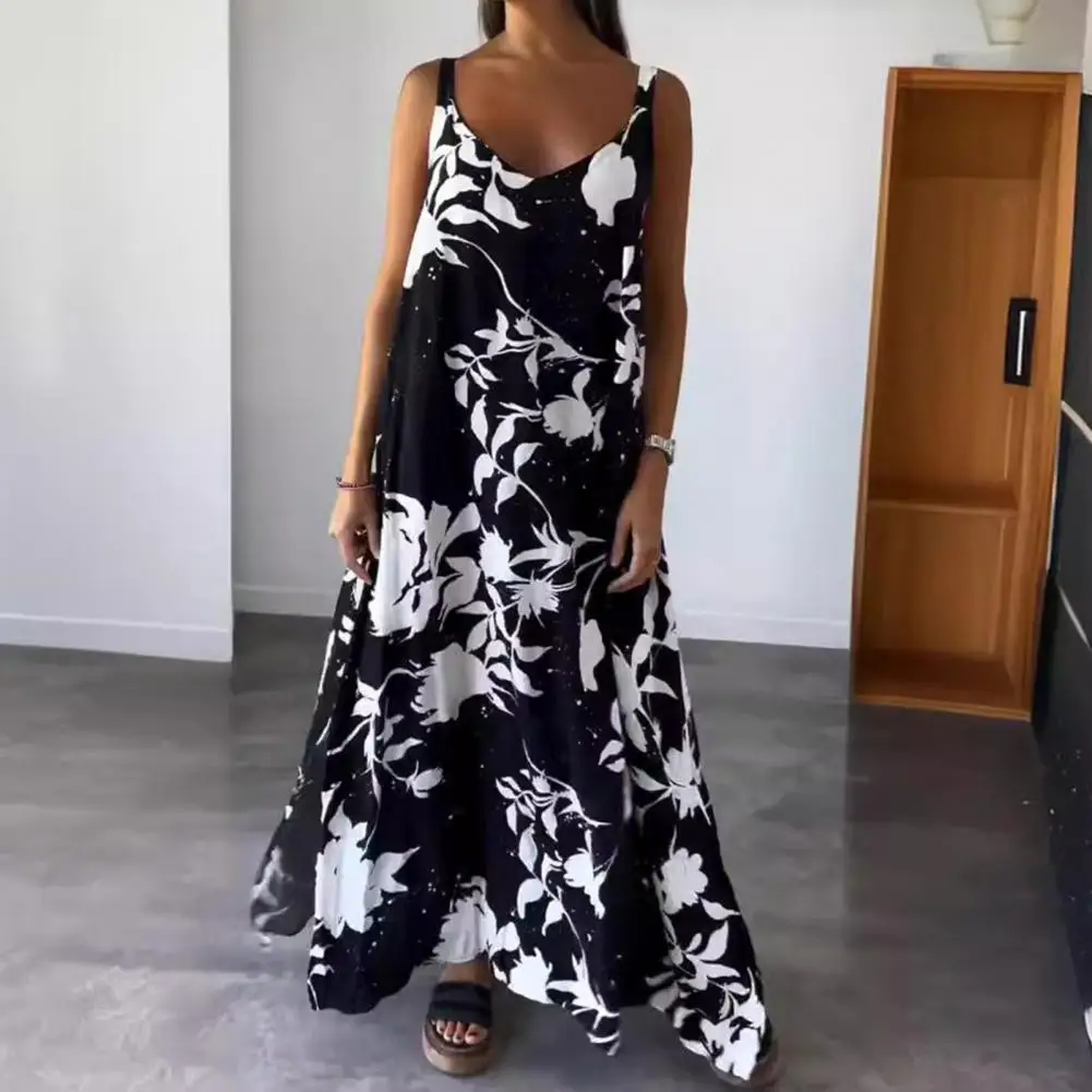 

Women Dress Floral Print V Neck Maxi Dress For Women Backless Vacation Beach Style Sundress Loose Contrast Color Long Dress