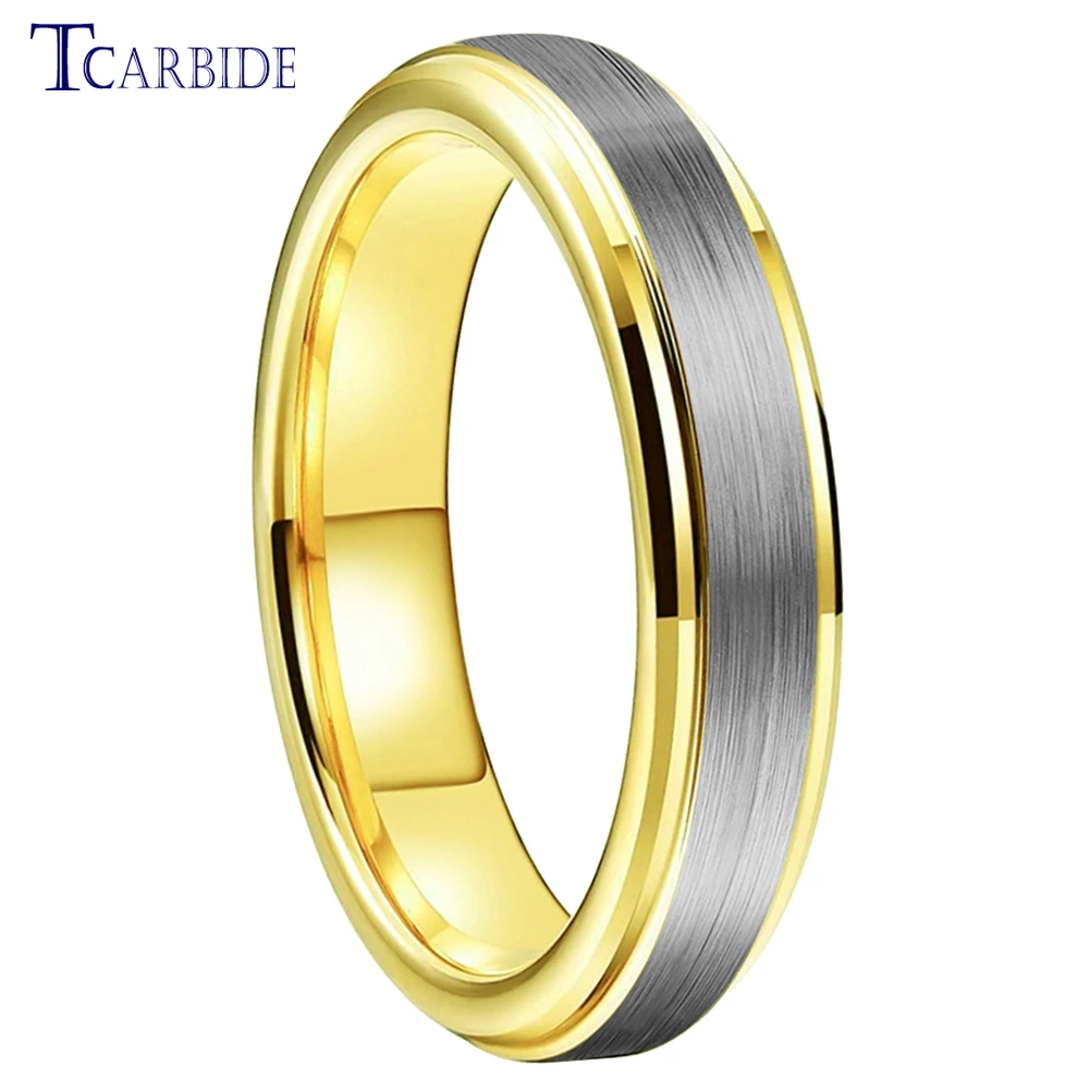 4MM Womens Mens Tungsten Carbide Ring Gold-Color Wedding Band Stepped Beveled Brushed Finish Girls Trendy Gift Jewelry brushed finish brass metal business cards plated gold color 100pcs lot wholesale