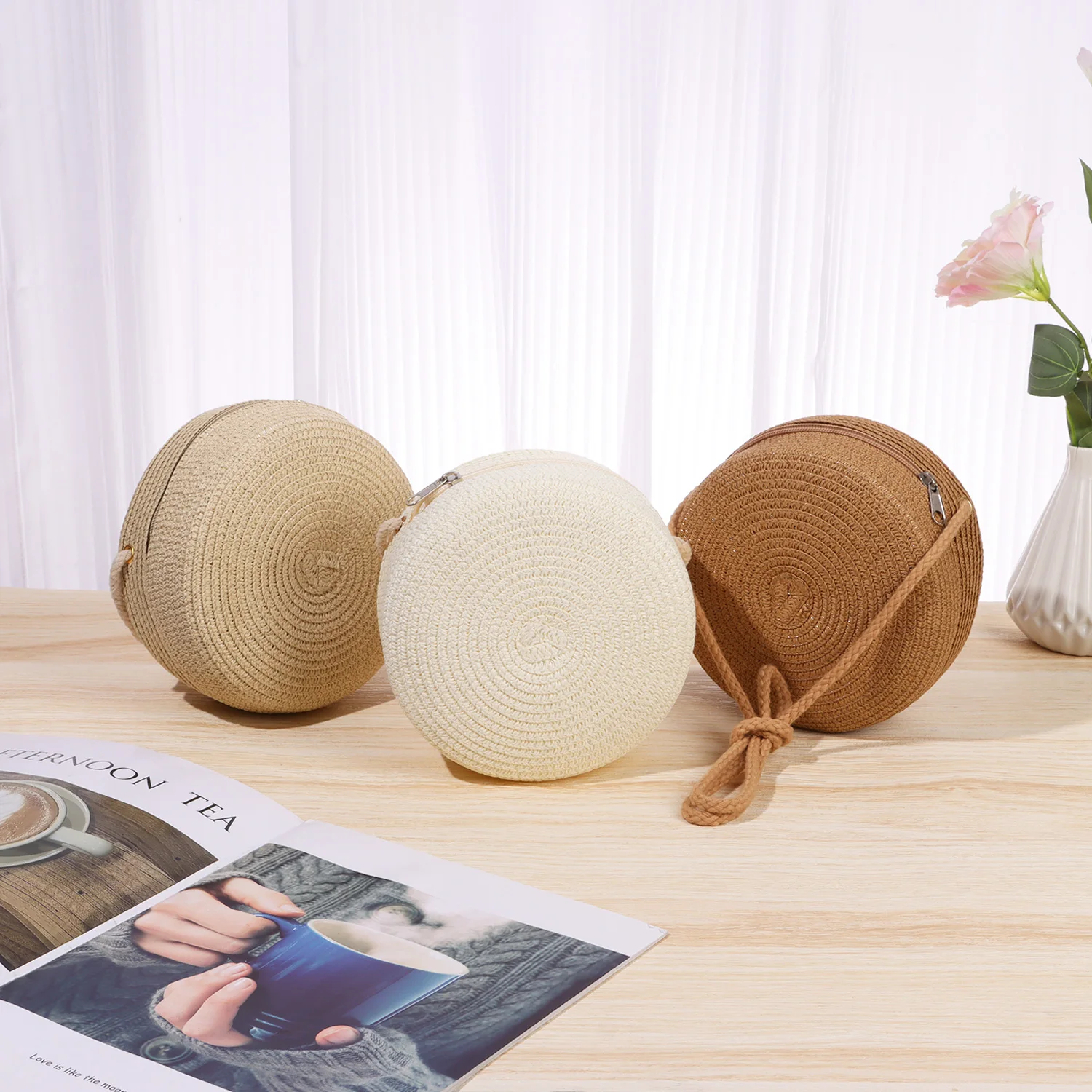 Rattan Knitted Candy Color Small Handbag Round Straw Bag