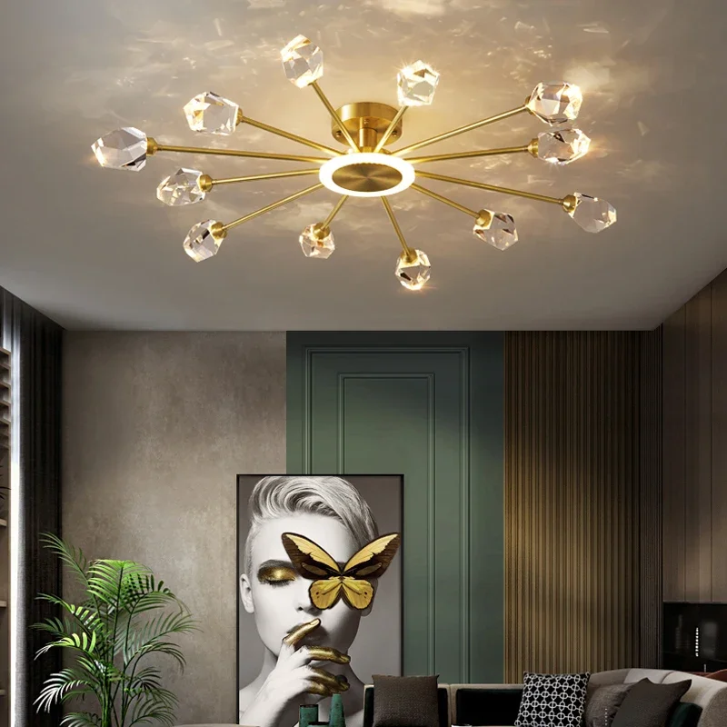 

Nordic Living Room Copper Ceiling Lamp Luxury Bedroom Restaurant Crystal Lamp Simple Ceiling Light Fixtures Modern LED Lighting