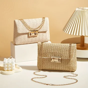حقيبة كتف نسائية منسوجة يدويًا من القش المنسوج، محفظة كروس عصرية بلون سادة مع قفل للإغلاق