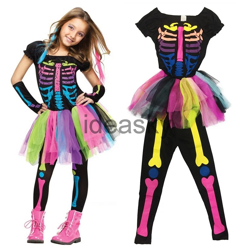 Rainbow Skeleton Girl Costume Toddler Funky Punky Bone Costume Carnival Purim Halloween For Kids Cosplay Costume,Halloween Dress Outfit
