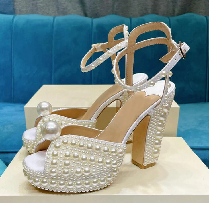 

Glossy Platform Chunky Heels Full Whiter Pearl Sandals Women Bride Dress Shoes Ankle Buckle Strap Gladiator Summer Pumps
