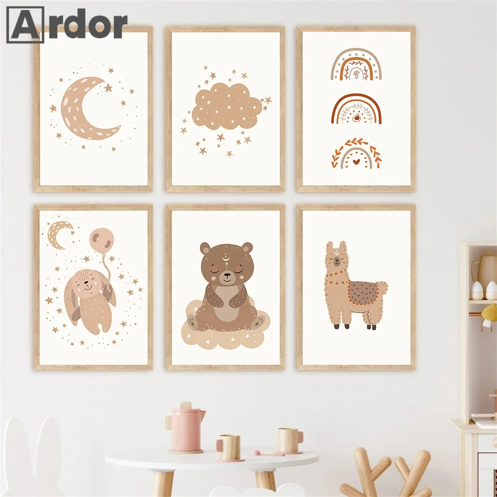 

Boho Cartoon Bear Rabbit Alpaca Moon Rainbow Wall Art Canvas Painting Nordic Posters And Prints Wall Pictures Kids Room Decor