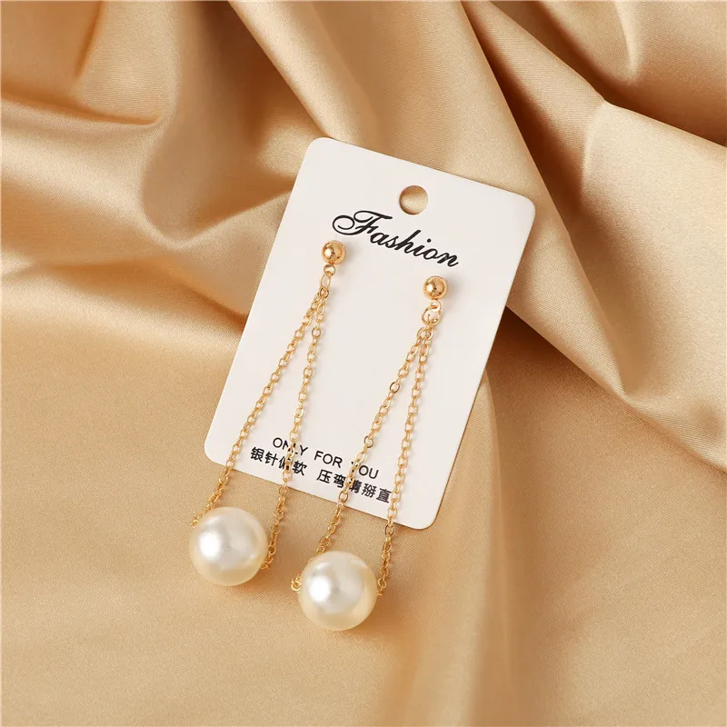White Round Imitation Pearl Chain Tassel Long Drop Earrings for