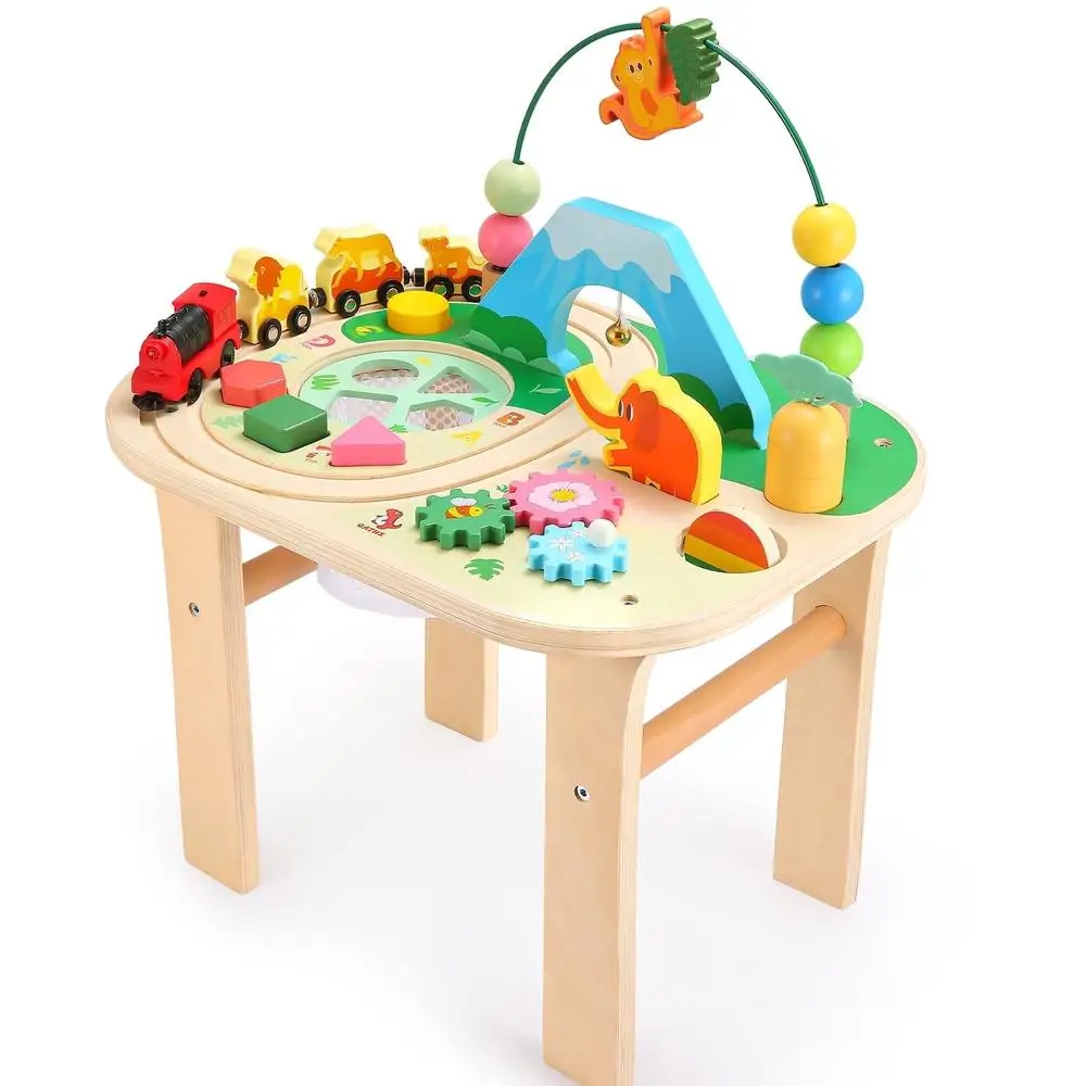 Toddler Activity Table Wood Train Track Educational Montessori Toys Bead Maze Fishing Game Sensory Play Infant Gift 2