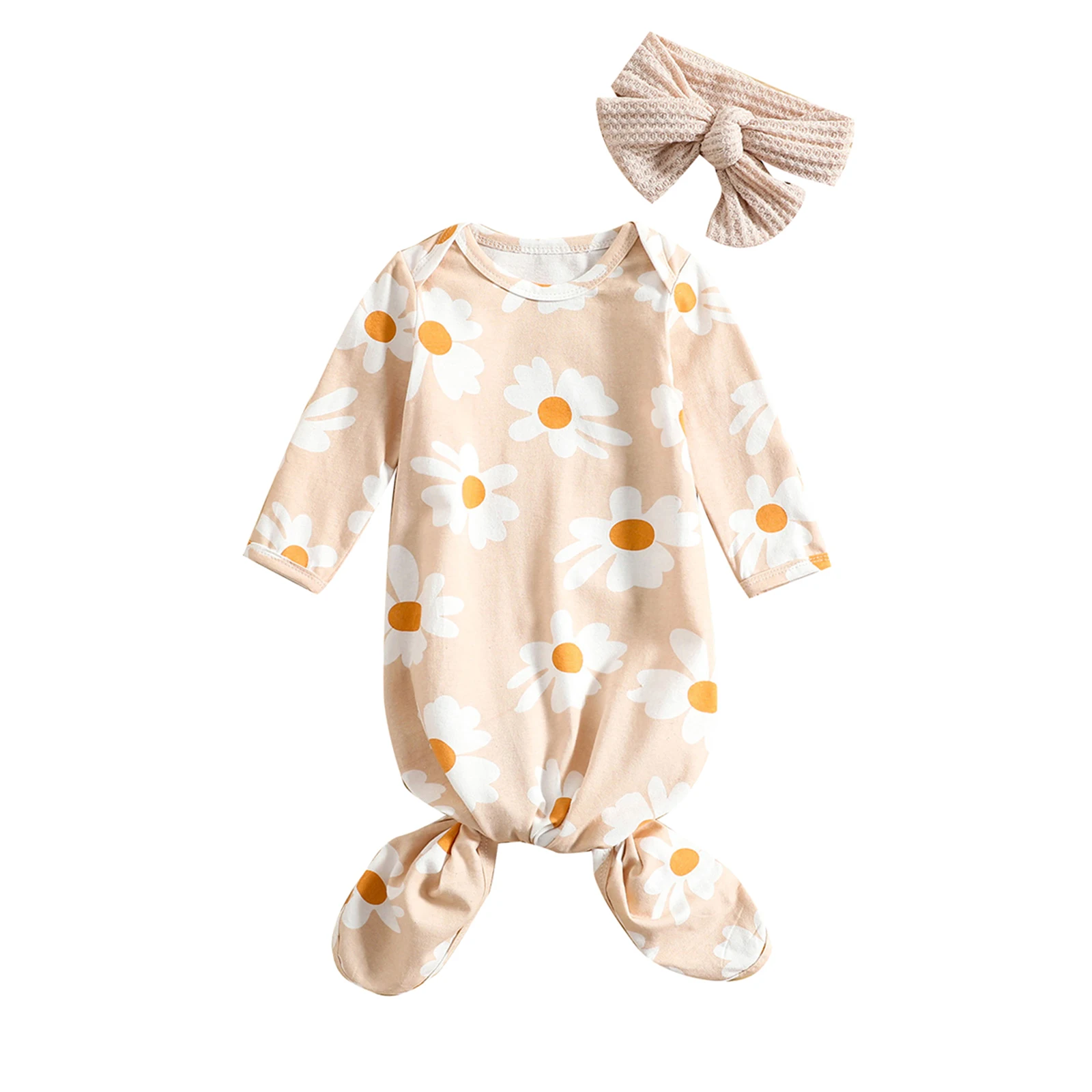 Newborn Baby Girl Sleep Sack Sets, Long Sleeve Flower Printed O-Neck Sleeping Pocket + Cute Headband Suits Sleeping Bags