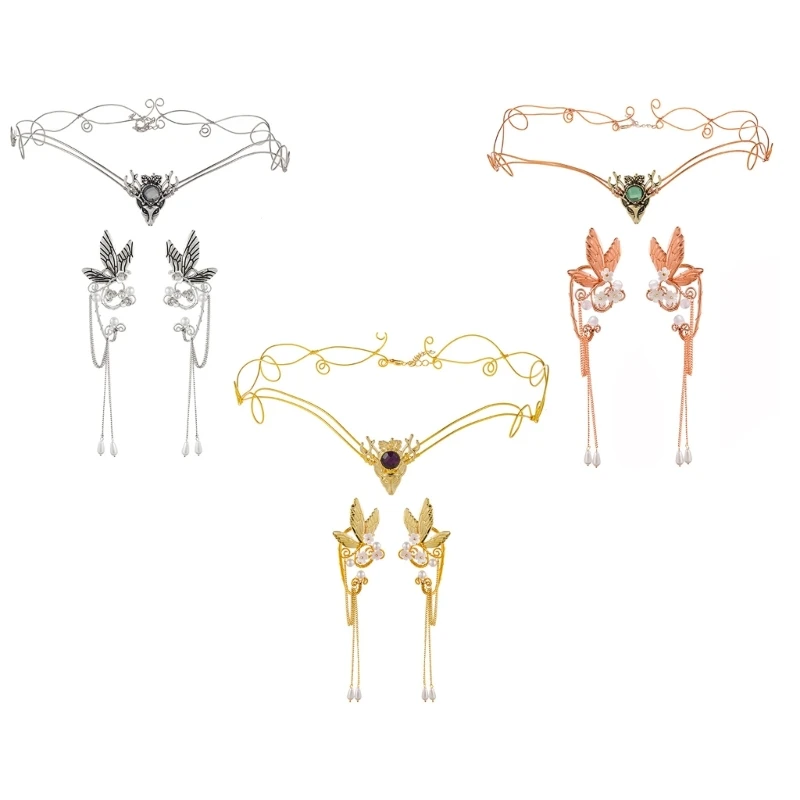 

Ladies Wedding Ceremony Forehead Chain+Butterfly Earring for Women Festival Jewelry Headpiece for Taking Photo Props