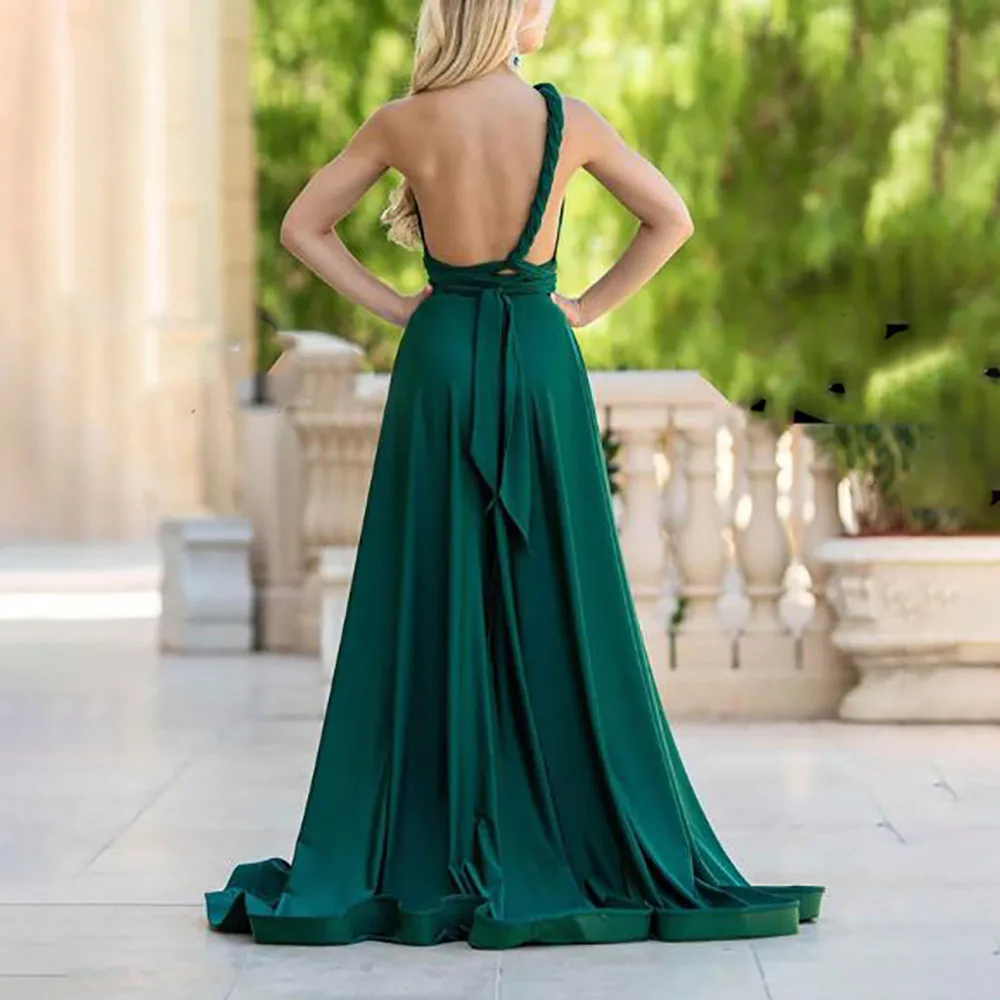 Elegant Asymmetrical Jersey One Shoulder High Slit Open Back Pleated Ruched Floor Length Sweep Train Evening Gown