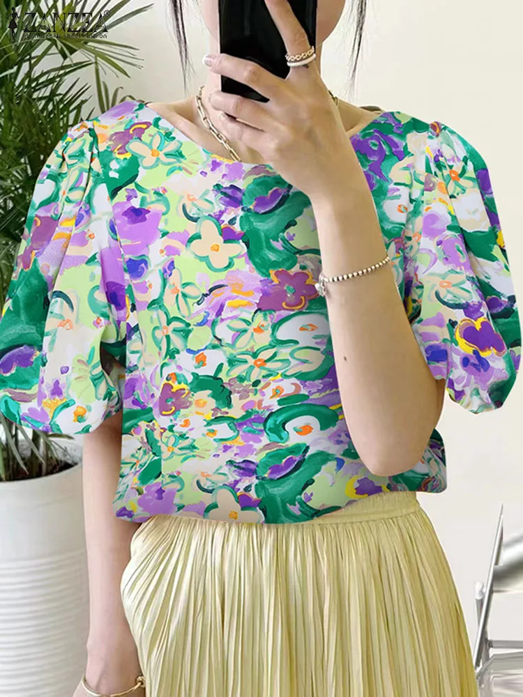 

ZANZEA Summer Elegant Floral Printed Blouse Bohemian Casual Loose Shirt Woman Puff Sleeve O Neck Tops Femme Holiday Beach Blusas