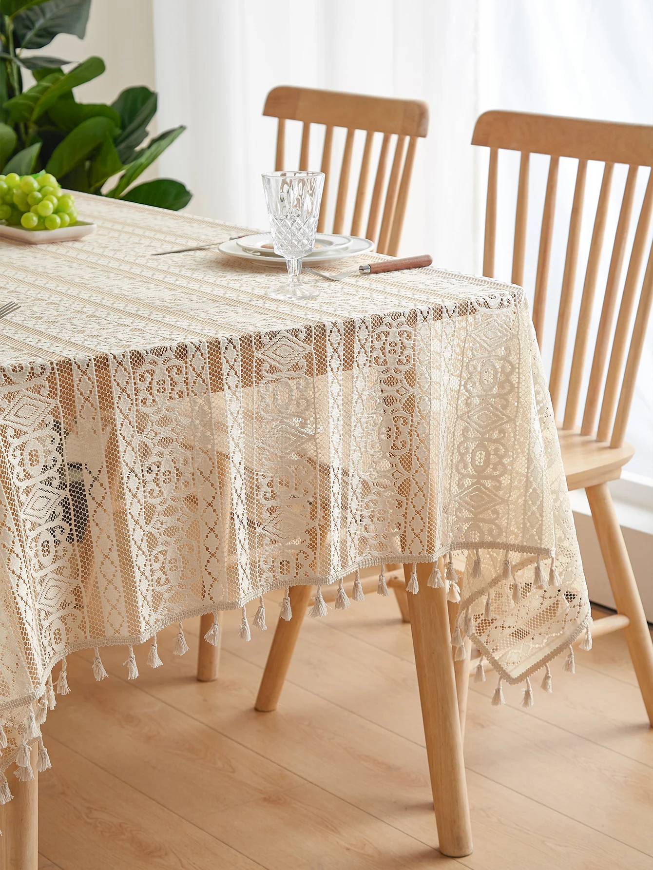 Beige Lace Striped Tablecloth with Tassels – Rectangular Coffee Table Cover 3