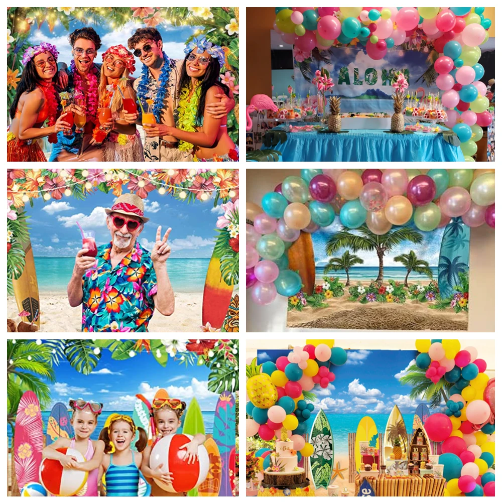 Photo Backdrop Summer Tropical Beach Backdrop Hawaiian Luau Aloha Party Seaside Camping Surfboard Ocean Palm Flamingo Photography Background