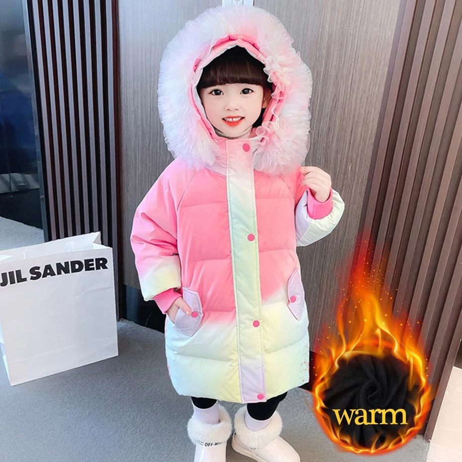 GirlsLongCoatFurHoodiesThickWarmGirlsCoatsCottonPaddedChildrenJacketCasualBaby