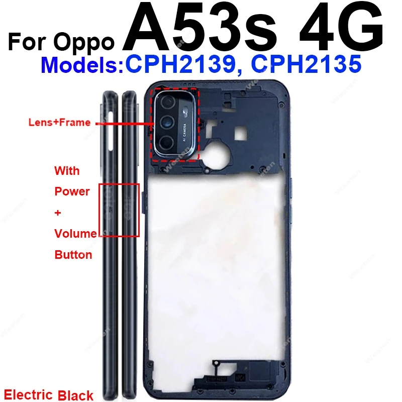 OPPO A53S A53 4G A53 5G CPH2127 CPH2131 용 중간 프레임 하우징 커버 NFC 흑연 종이가있는 뒷면 커버 배터리 하우징 베젤
