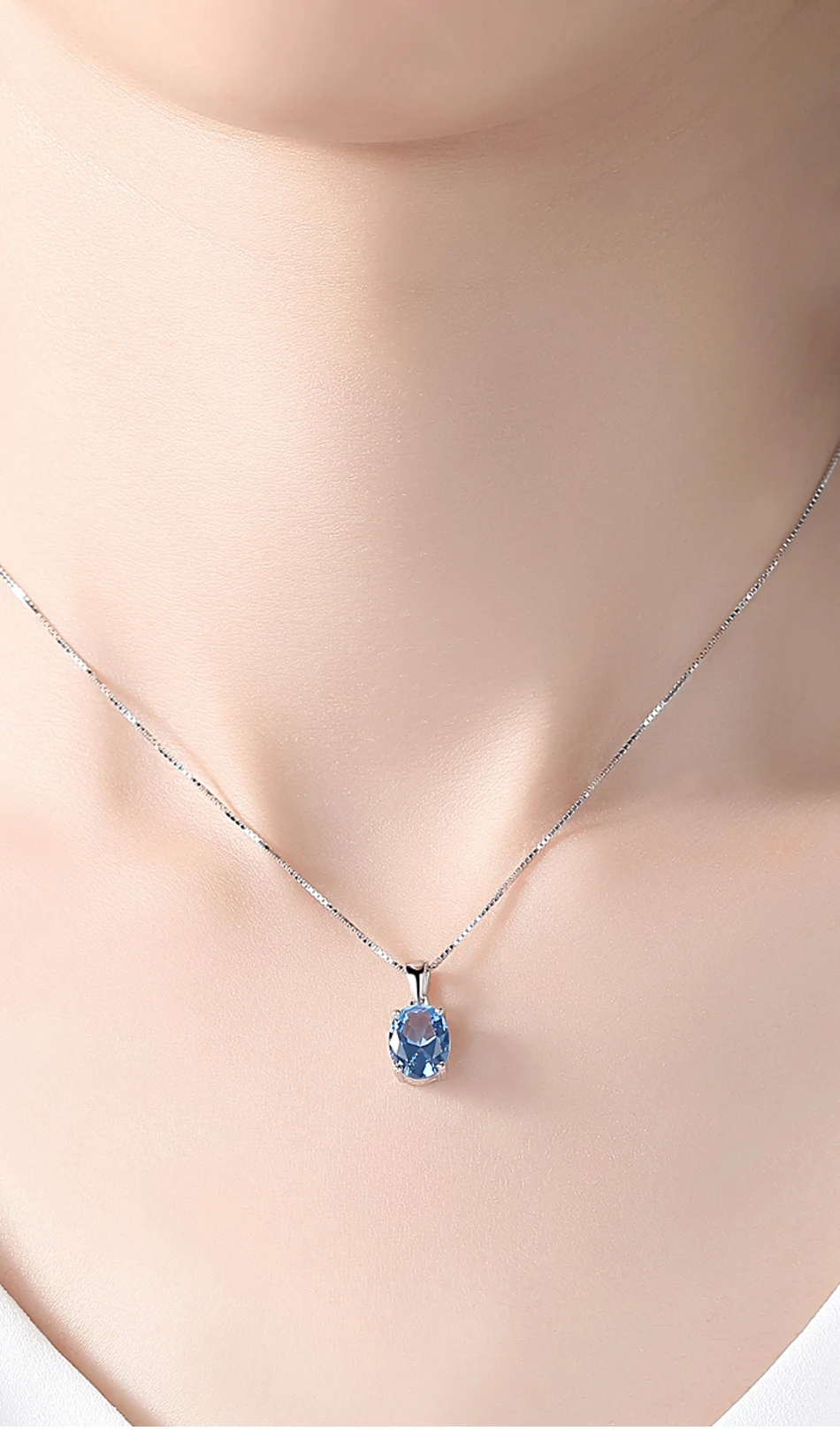 Collier en argent Sterling topaze bleu ciel synthétique pour femmes, pendentif en pierre ovale classique, chaîne Fine de mariage_voghion.com