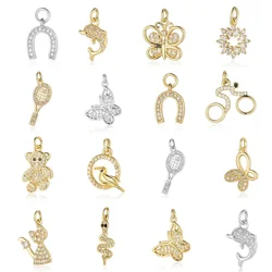 Fashion Cat Horseshoe Copper CZ Cycling Charm Wholesale Bear Butterfly Racket Pendant For Bracelet Necklace Making