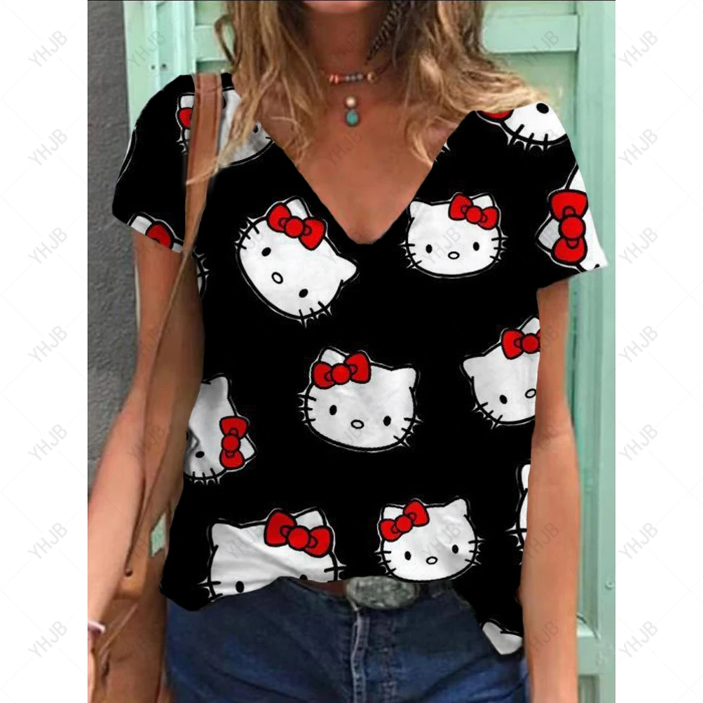 

Женская футболка с коротким рукавом, V-образным вырезом и принтом Hello Kitty