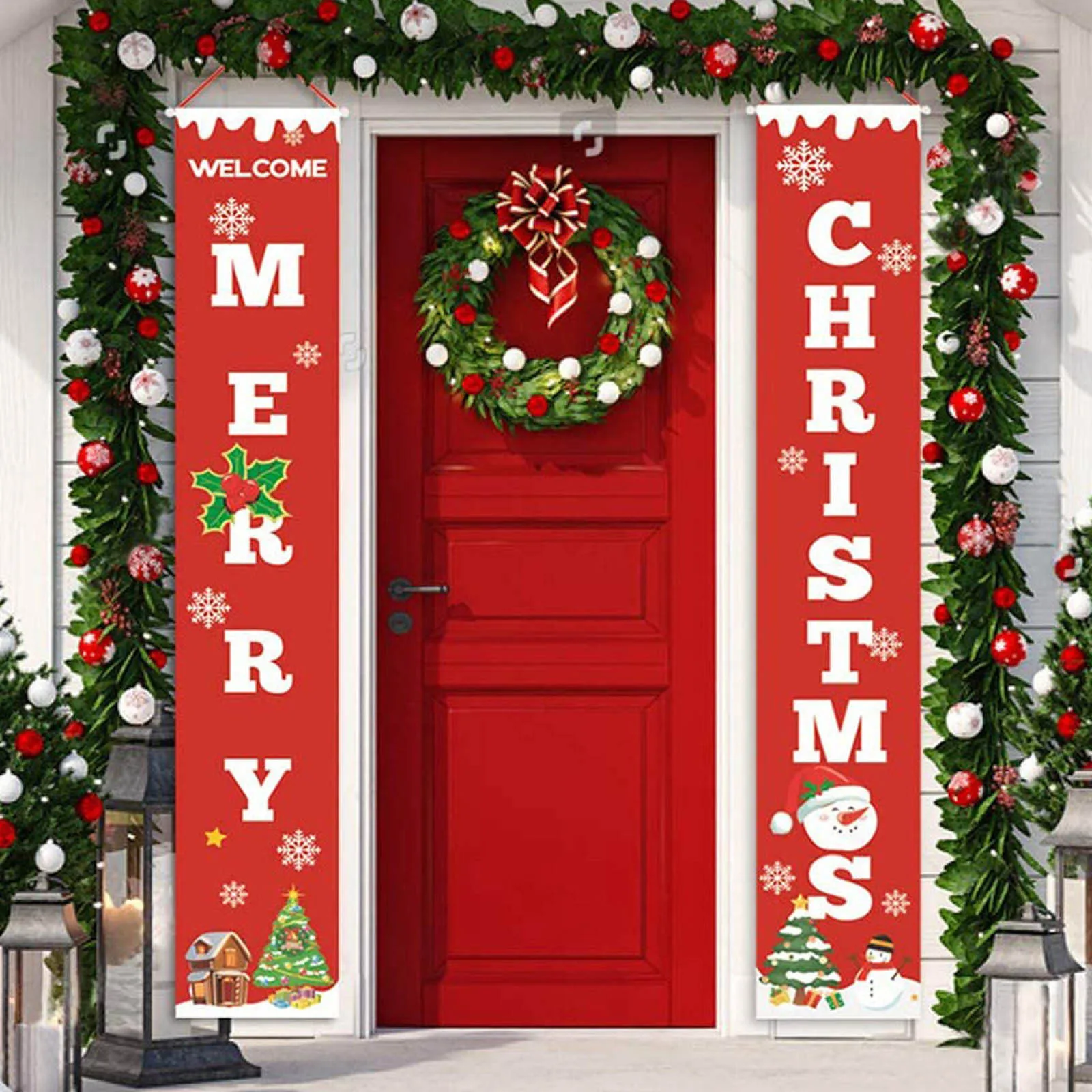 

1set Christmas 2024 Decorations Door Banner Merry Christmas Santa Snowman Hanging Banner Supplies New Year Home Xmas Decor Noel