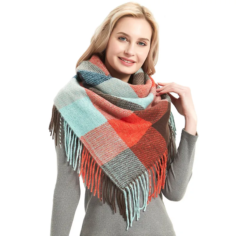 CHENKIO Women's Fashion Scarf Autumn and Winter New Polyester Bristle Long Fringe Plaid Square Scarf Shawl Scarf Women Luxury