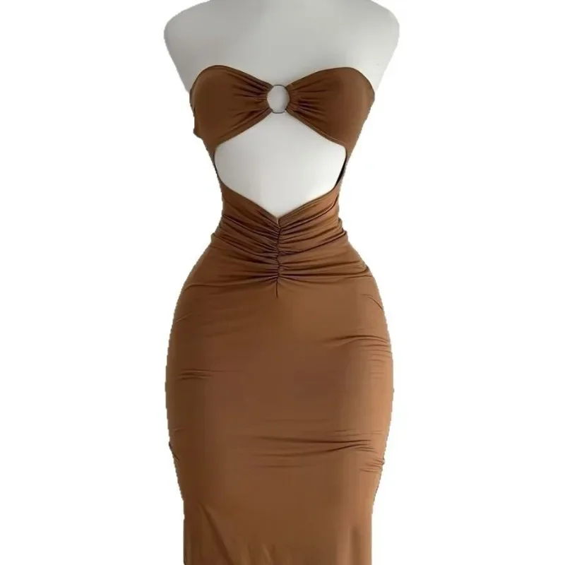 Fashion Women's Clothing New Spring and Summer Women's Tube Top Off Shoulder Dress Sexy Slim-fitting Belly Solid Beach Dress