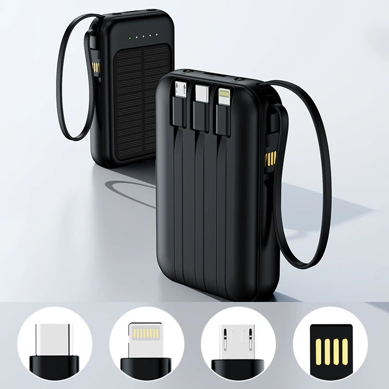 Solar Power Bank Built 4 Cables Portable Charger External Spare Battery Mini Powerbank with LED Light for IPhone Xiaomi Huawei 5