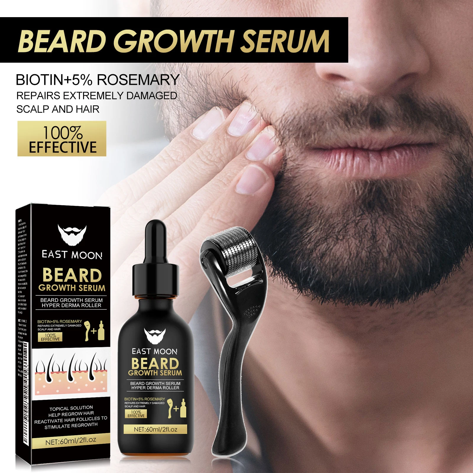 Kit Siero per la Crescita della Barba con Derma Roller 0.2mm, Attiva i Follicoli Piliferi, Ripara la Barba Danneggiata, Siero per Barba Più Folta e Spessa - immagine 4