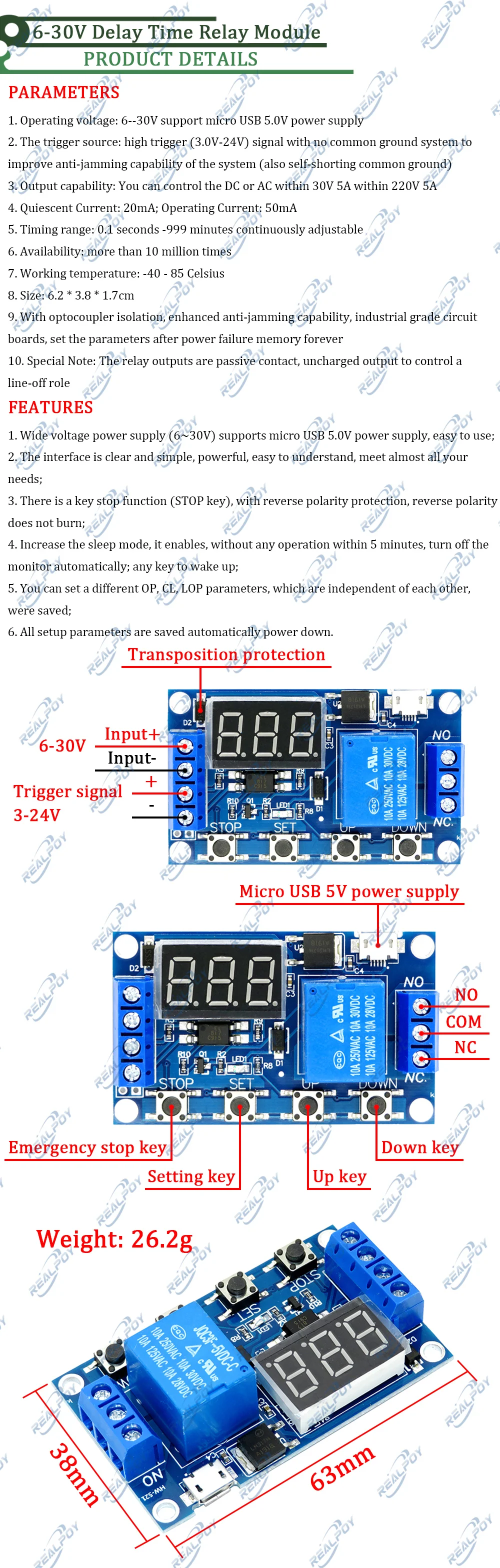 1 Kanal 5 V Relais 6–30 V Relaismodul AUS/EIN Schalter Auslöser Zeitverzögerung Schaltung Timer Zyklus 999 Minuten einstellbar XY-J02 – Detail 1