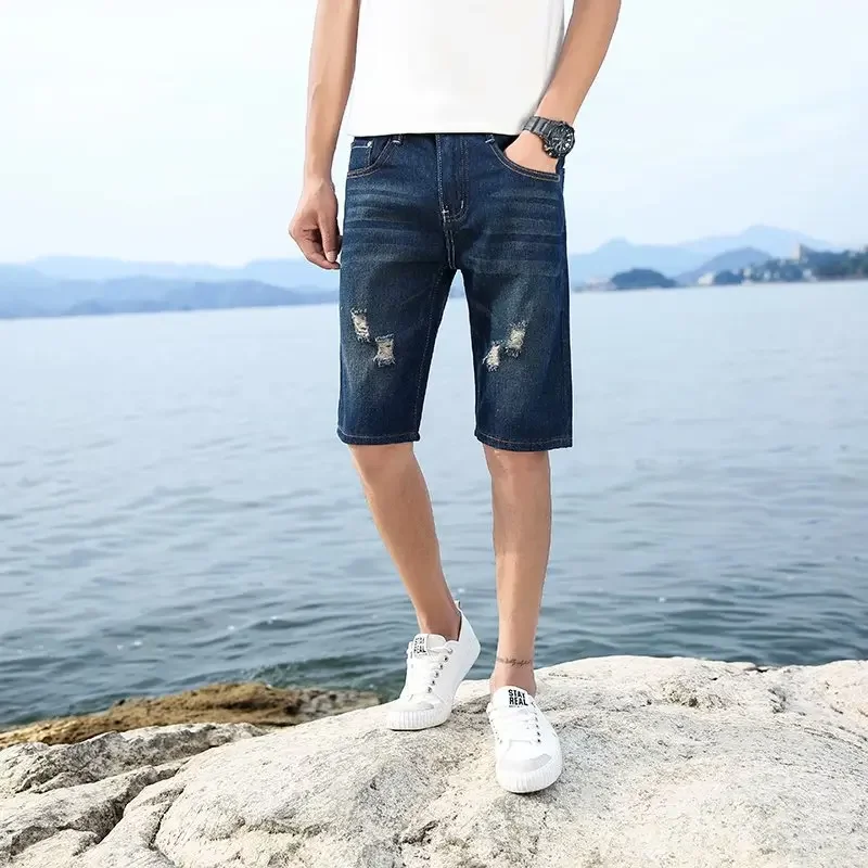 28-40 Men's Personalized Washable Perforated Denim Pants Large Casual Middle Pants
