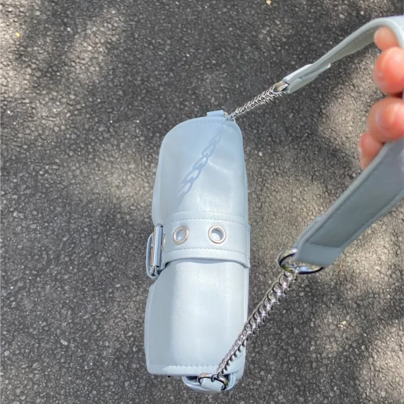 Hot Girl Sweet Blue Shoulder Bags Women Retro Chain Square Leather Large Capacity Handbag Ladies Lightweight Casual Underarm Bag