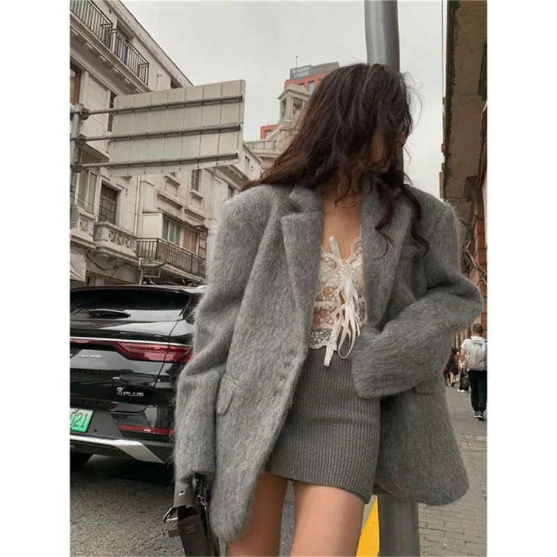 Woolen Plush Pink Coats For Women Fashion Long Sleeves Single Breasted Loose Jackets Autumn Winter Female Packet Overcoat