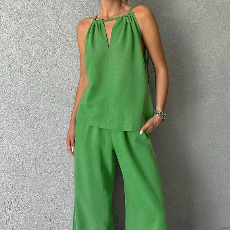 Fashion Suspender High Waisted Wide Leg Pants Casual Women's Set 2024 Summer and Autumn New Solid Color Versatile Two-piece Set