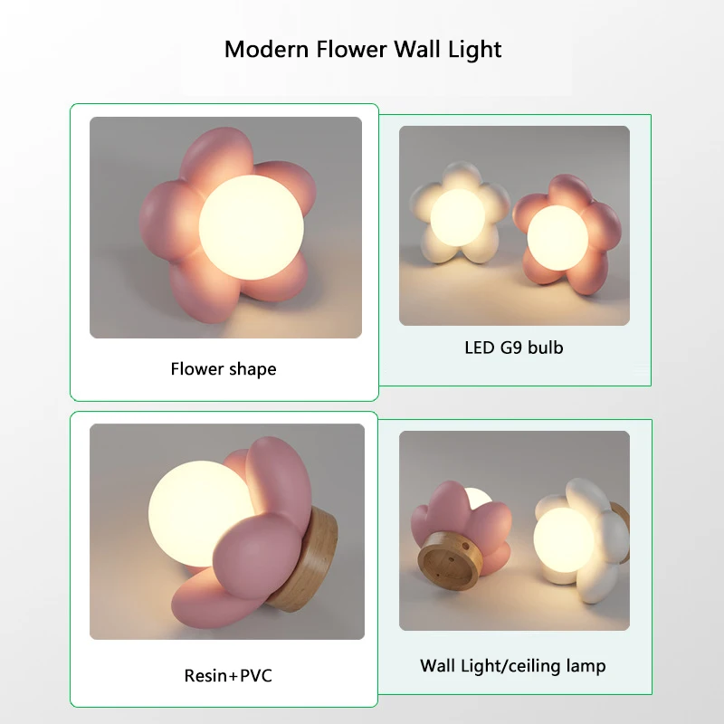 Houten wandlamp Bloem | Verslingerd aan Hout (Snoerkleur: Wit,Kleur bloem: Roze,Kleur stip: Blanco