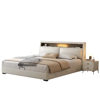2025 New Modern Simple Smart Leather Bed Cork Frame Dual Size with Rechargeable Lighting and Storage