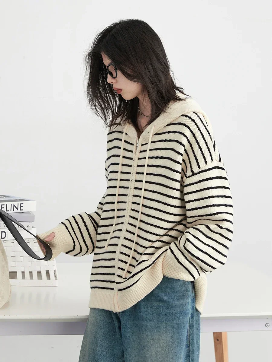 CHIC VEN Women Fashion Cardigan Casual Hooded Striped Knitted Coats Korean Loose Long Slevees Female Sweaters Autumn New 2024 2