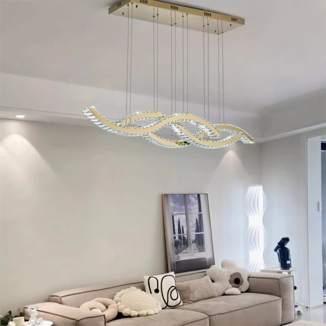 2024 Dining Room Lustre Remote Control Dimmable Pendant Lights Luxury K9 Crystal Hang Chandelier Wave Steel Lamp Fixtures 2
