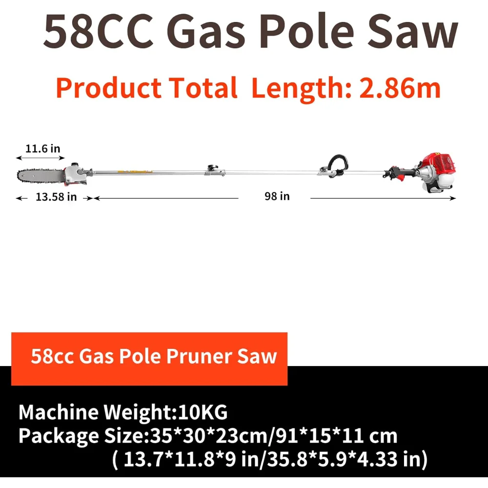 62CC Gas Powered Pole Saw - 16FT Adjustable Extension, 11.5" Bar, 2-Stroke Engine For Tree Trimming & Pruning