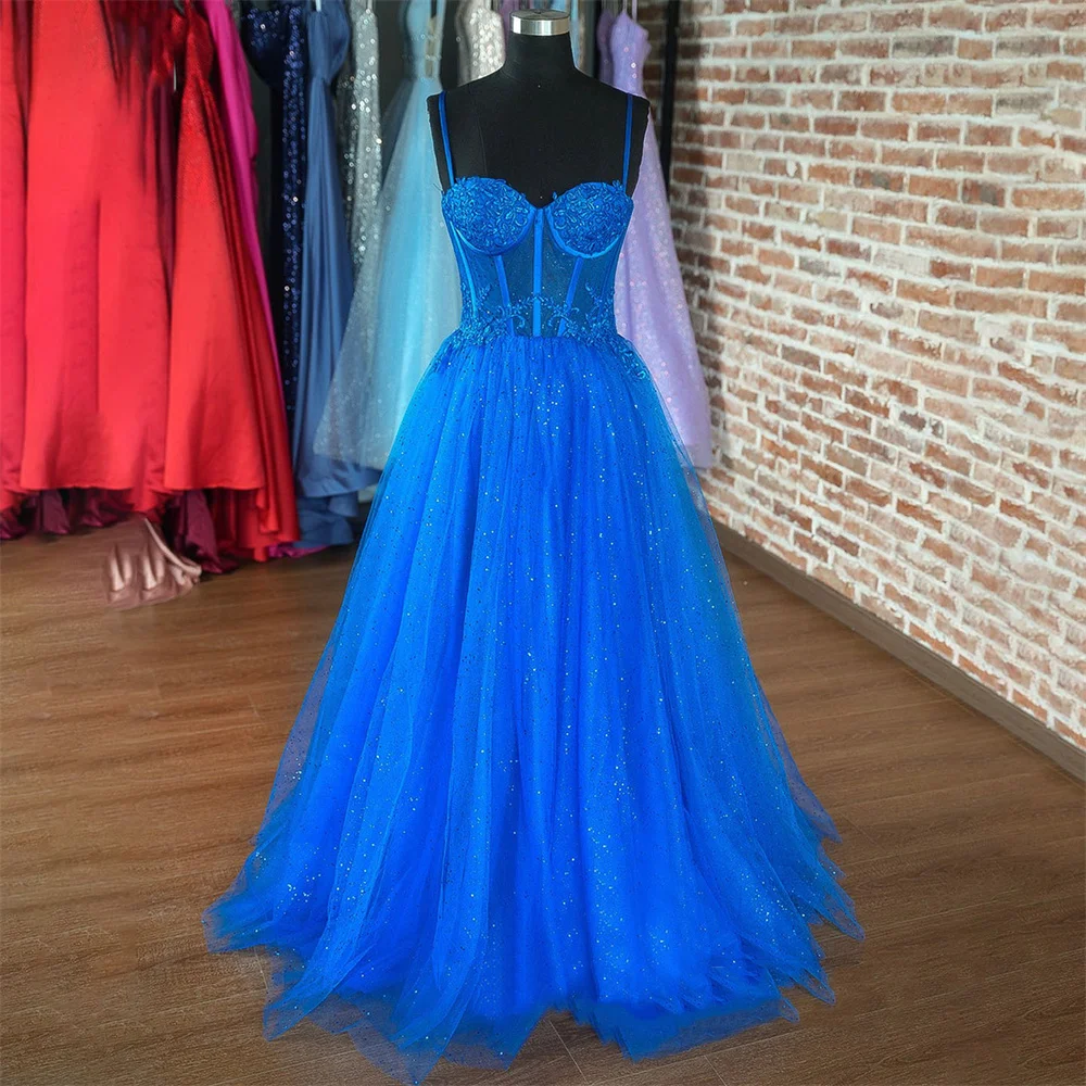 

Lily Blue Spaghetti Strap Prom Dress Appliques Lace Celebrity Dresses Women's Evening Dress Sequin Glitter Formal Gown 프롬 드레스