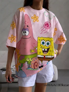 2026 Summer New SpongeBob Print Tshirt For Women Kawaii Short Sleeve Casual Street O-neck Tees Oversized Loose Vintage Y2K Tops 1