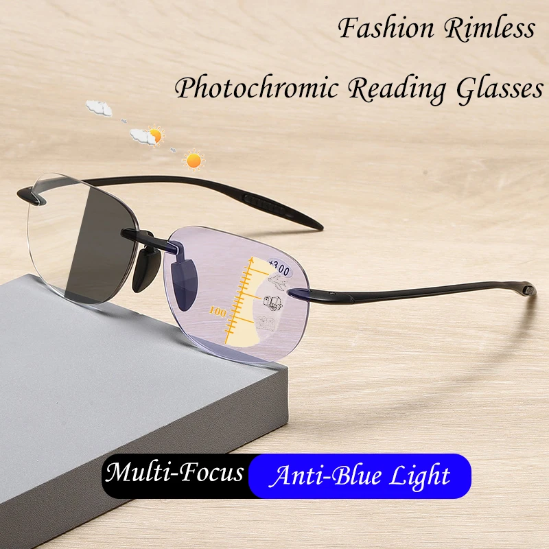 

HUYING Fashion Rimless Cutting Photochromic Multi-focus Reading Glasses Men Women Progressive Sun Glasses Pilot Eyewear 1.0-4.0