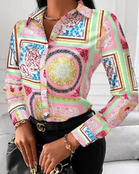 Casual Summer Geometric Printed Shirt Turn-down Collar Long Sleeve Single Breasted Shirt Temperament Fashion Office Women's Top