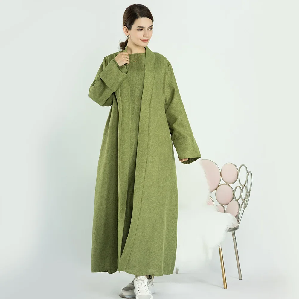 Ramadan Eid Cotton Linen Open Abaya Dubai Turkey Long Muslim Hijab Dress Kimono Abayas for Women Plain Kaftan Islamic Clothing