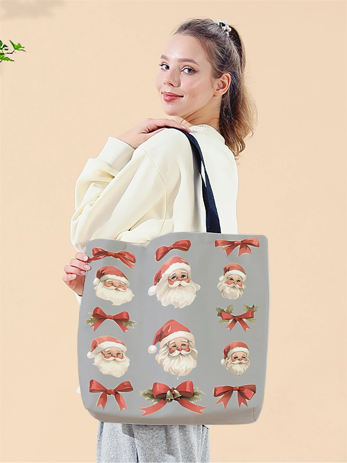 1pc,cartoon Santa Claus handbag, reusable fashionable handbag, multifunctional handbag, printed canvas shopping bag