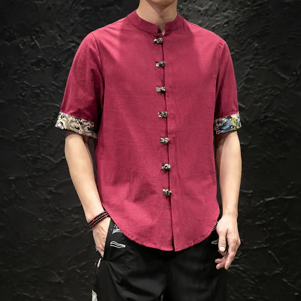 

Vintage-inspired Button-up Shirt Chinese Style Stand Collar Men's Spring Shirt with Printed Cuff Single-breasted Knot Buttons