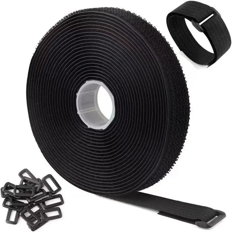 

2M Reusable Nylon Hook Loop Fastening Cable Tape Cut-to-Length Self-Adhesive Securing Strap With Buckle For Organizer Or Storage