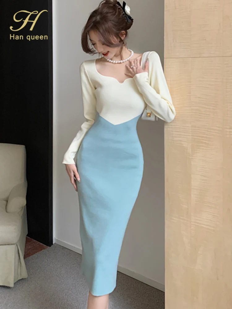 H Han Queen Autunno Inverno Lavoro A Maglia Vintage Vestido Simple Chic Work Wear Dress Women Office Bodycon Guaina Abiti Casual A Matita