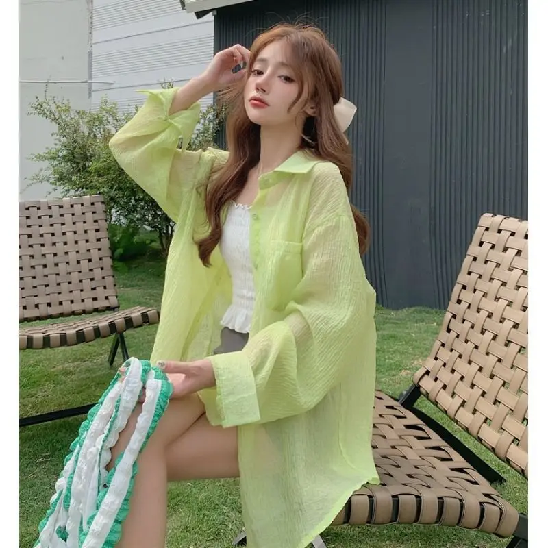 

Women Summer Sun-proof Cardigan Through Fashion Sunscreen Thin Shawl Perspective Long Sleeve Blouse Chiffon Coat Ladies R56