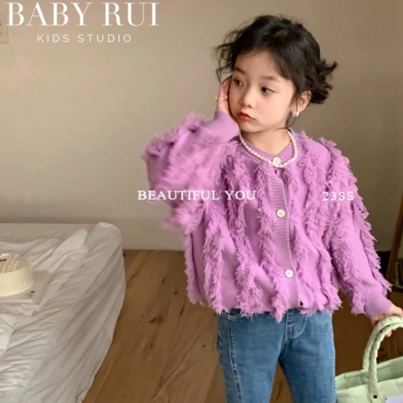 여아용 스웨터 울 코트, 키즈 상의, 뜨게, 보라색, 두껍고 따뜻한 겨울, 가을,  면, 가디건, 아동복, 2023