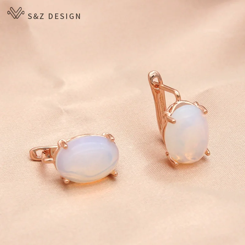 S&Z DESIGN New Vintage Oval Egg Shape Synthetic Turquoises Dangle Earrings For Women Wedding 585 Rose Gold Color Eardrop Gift